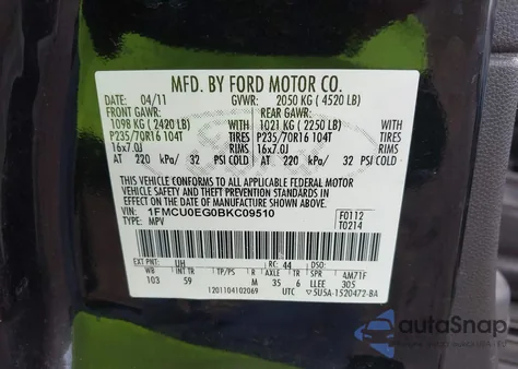 2011 Ford Escape Limited из США, поврежденный, VIN 1FMCU0EG0BKC09510